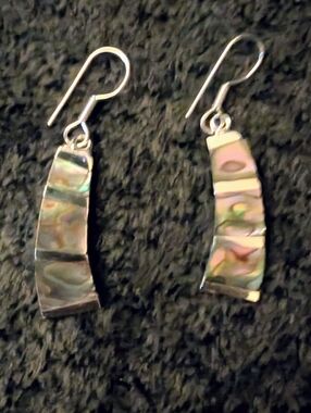 Abalone Shell Drop Earrings - Iridescent Green Silver Finish